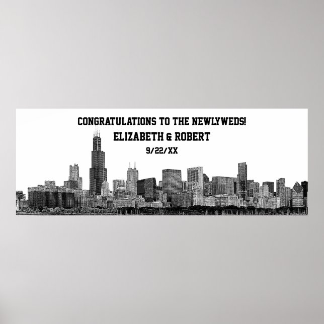 Chicago Skyline Silhouette Bröllopsfest Banner Poster (Framsidan)