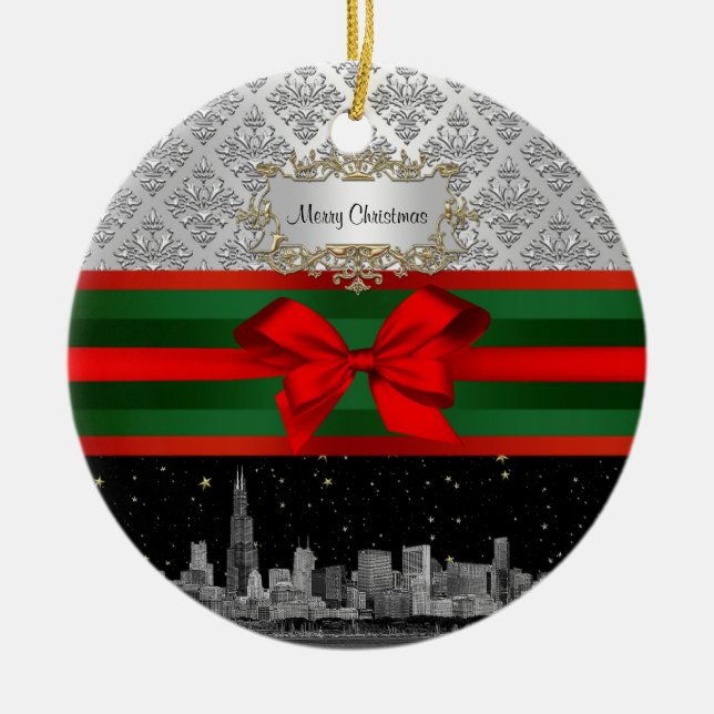 Chicago Skyline Silver Vit Damask #3 Böjd Jul Julgransprydnad Keramik (Framsidan)
