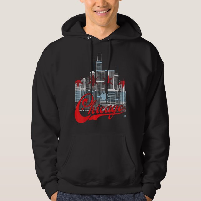 Chicago Skyline Squared Chicago Flagga Hoodie (Framsida)