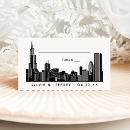 Chicago Skyline Svart Art Deco Bröllopsmonogram Placeringskort