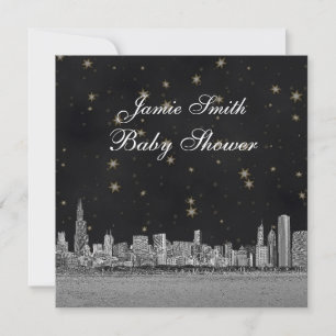 Chicago Skyline Svart Guld Star Baby Shower Inbjudningar