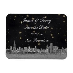 Chicago Skyline Svart Guld Stjärna Spara Datum Magnet