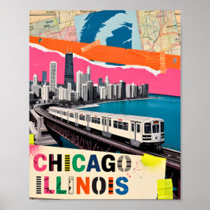 Chicago Skyline Tåg Pop Art Collage Retro Resa Poster