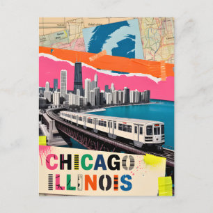 Chicago Skyline Tåg Pop Art Collage Retro Resa Vykort
