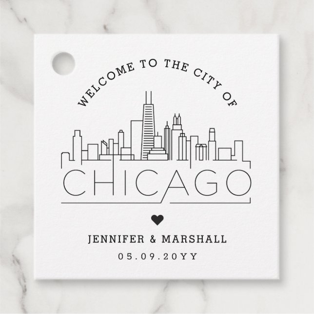Chicago Skyline | Välkomsthälsoförmån för Bröllop Gåvor Etiketter (Framsida)