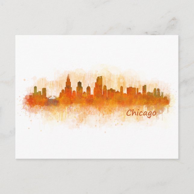 chicago skyline vattencolor cityscape v03 vykort (Framsida)