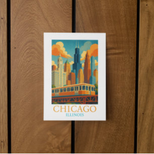 Chicago Skyline Vintage Art - Illinois Travel Vykort