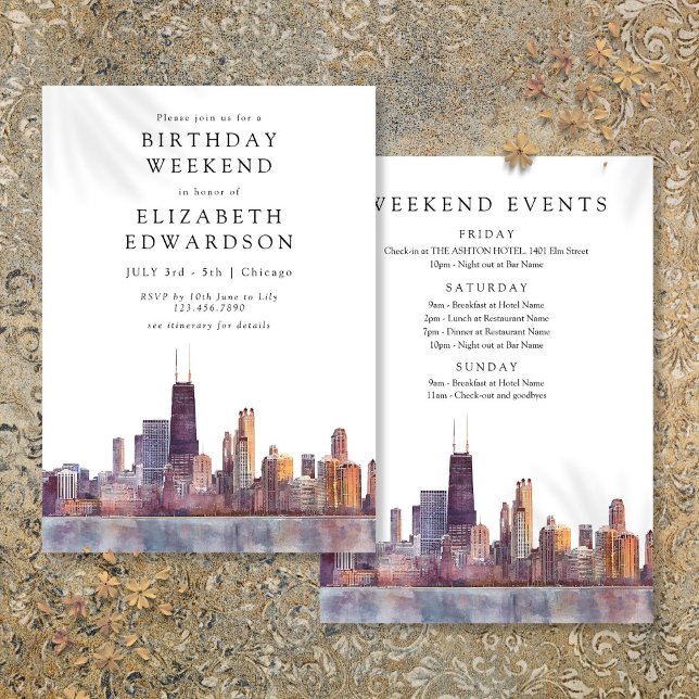 Chicago Skyline Watercolor Födelsedagshelg Inbjudningar (Chicago Skyline Watercolor Birthday Weekend Invitation)