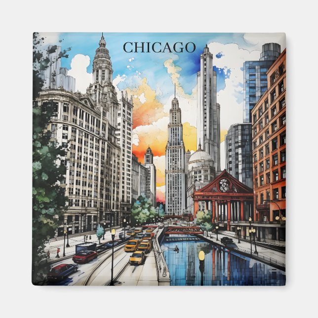 Chicago Skyline Watercolor – Windy City Travel Magnet (Framsidan)