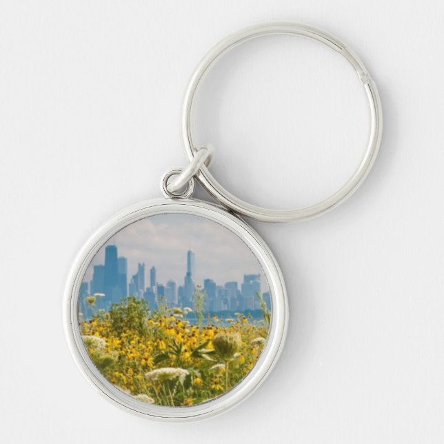 Chicago som sett från Montrose hamn fågel Rund Silverfärgad Nyckelring (Framsidan)