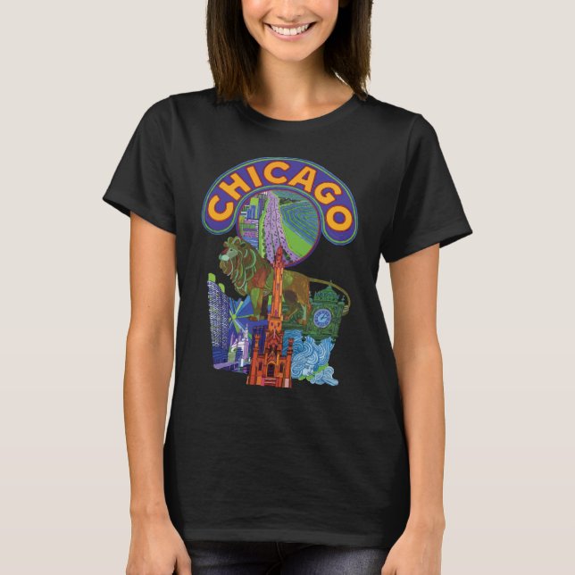 Chicago Stadssiluett Blå Resa T Shirt (Framsida)