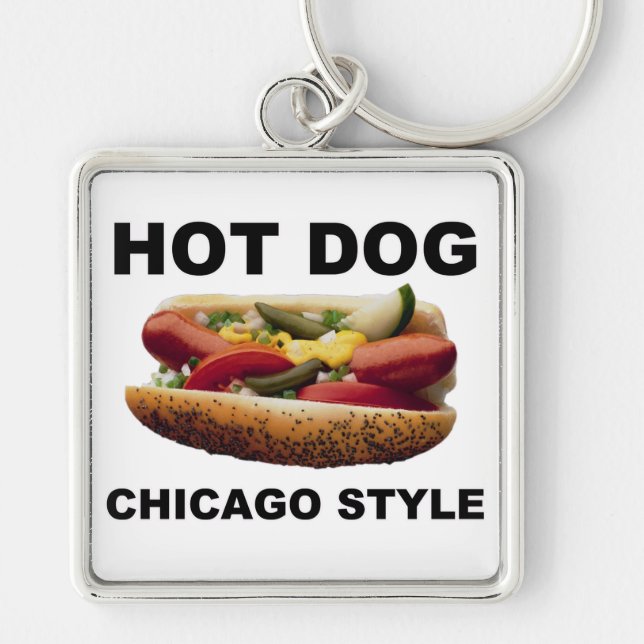 Chicago Stil Hett Hund Fyrkantig Silverfärgad Nyckelring (Framsidan)