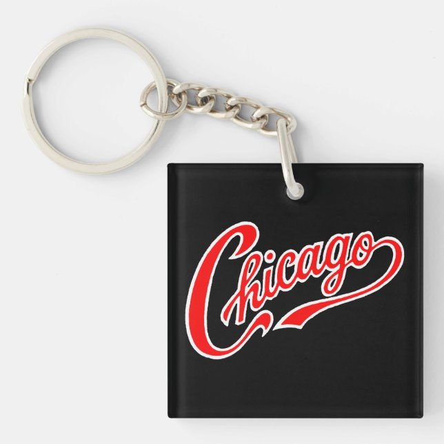 Chicago Text i Red Script BLK Keychain (Framsidan)