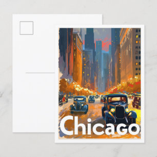 Chicago USA Art Vintage resor Illustration Vykort
