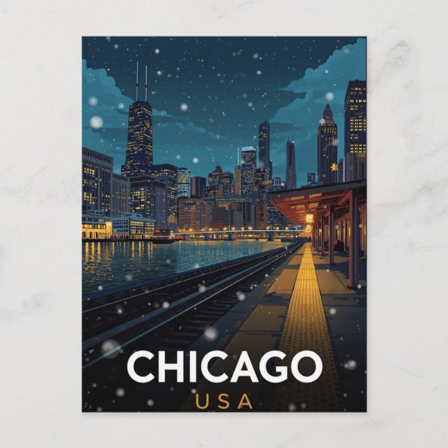 Chicago USA Siluett Vinter Natt Vykort (Framsida)