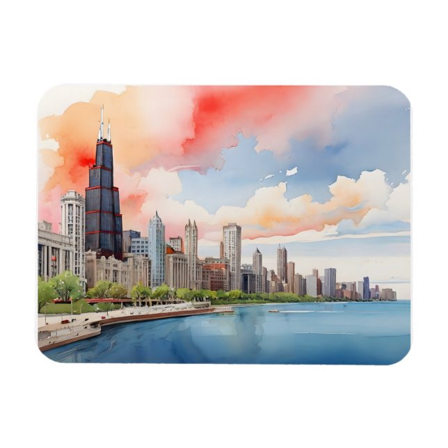 Chicago vattenfärgsart magnet (Horisontell)