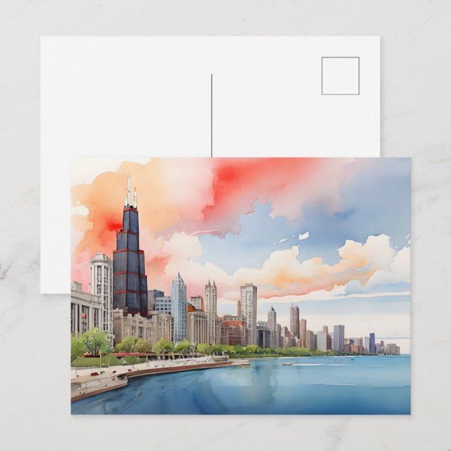 Chicago vattenfärgsart vykort (Fram/baksida)