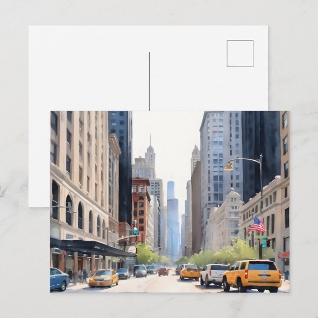 Chicago vattenfärgsart vykort (Fram/baksida)