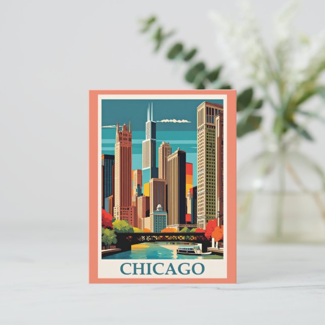 Chicago Vintage Illustration Vykort (Stående Fram)
