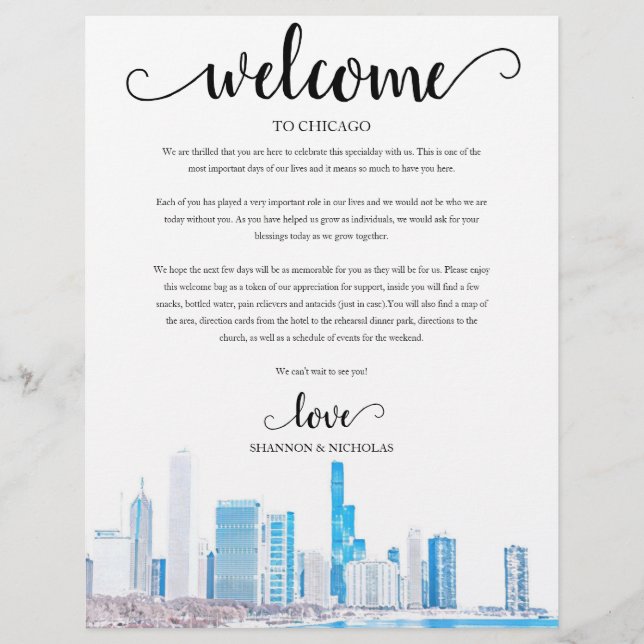 Chicago Winter Wedding Helg Welcome Itinerary (Framsida)