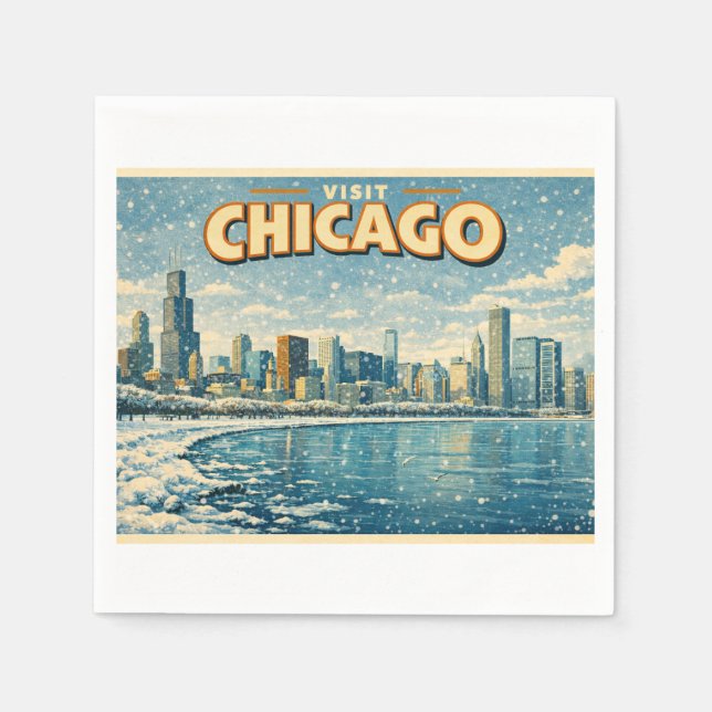 Chicagoutsikt och Lake Michigan på vintern  Pappersservett (Framsidan)