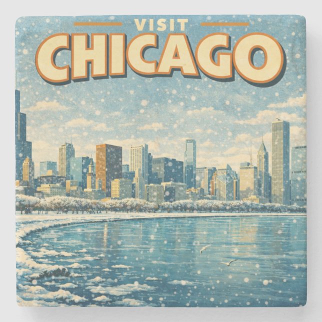 Chicagoutsikt och Lake Michigan på vintern  Stenunderlägg (Framsidan)