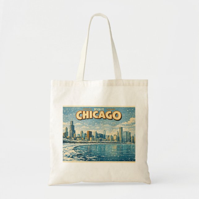 Chicagoutsikt och Lake Michigan på vintern  Tygkasse (Framsidan)