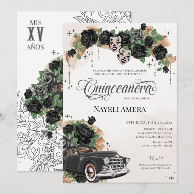 Chicana Lowrider Black Ro Chola Quinceanera Inbjudningar (Fram/baksida)