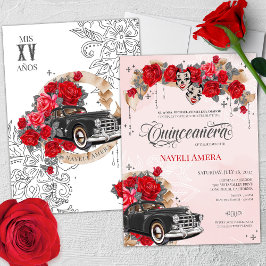 Chicana Lowrider Röd ros Chola Quinceanera Inbjudningar