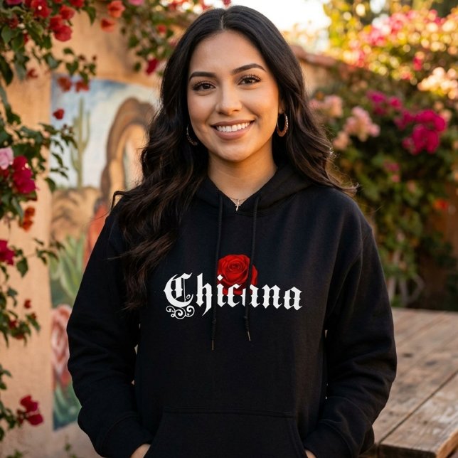Chicana röd hoodie t shirt (Chicana Red Rose Hoodie)