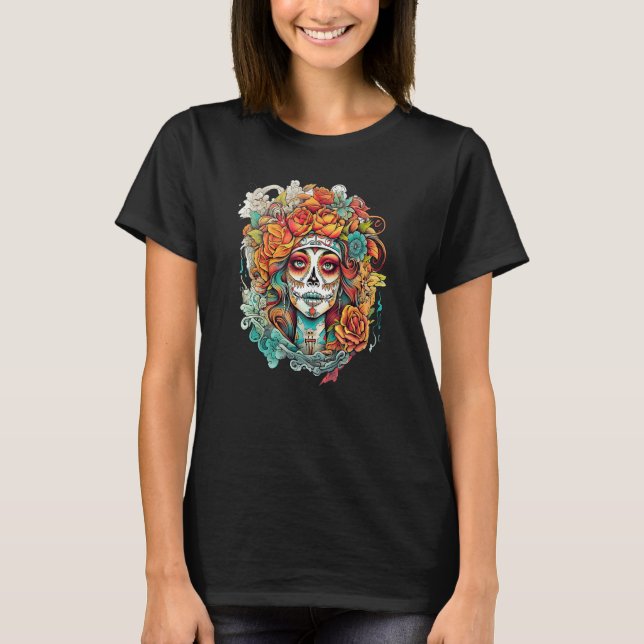 Chicano Girl Mexico Flowers Death Pretty 2 T Shirt (Framsida)