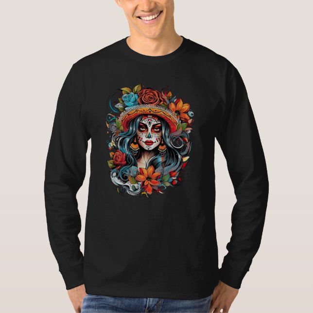 Chicano Girl Mexico Flowers Death Pretty 4 T Shirt (Framsida)