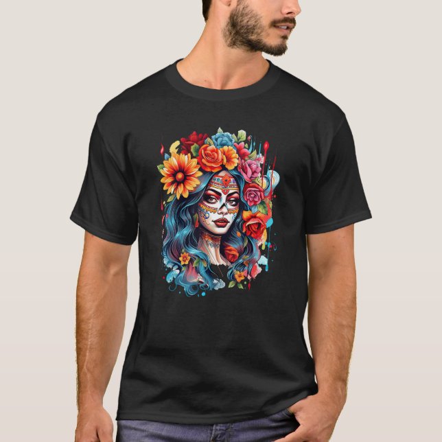 Chicano Girl Mexico Flowers Death Pretty 8 T Shirt (Framsida)