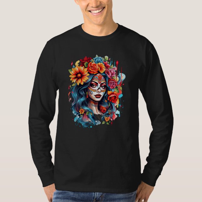 Chicano Girl Mexico Flowers Death Pretty 8 T Shirt (Framsida)