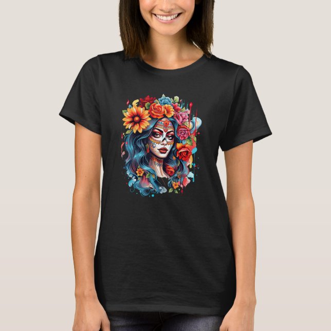 Chicano Girl Mexico Flowers Death Pretty 8 T Shirt (Framsida)