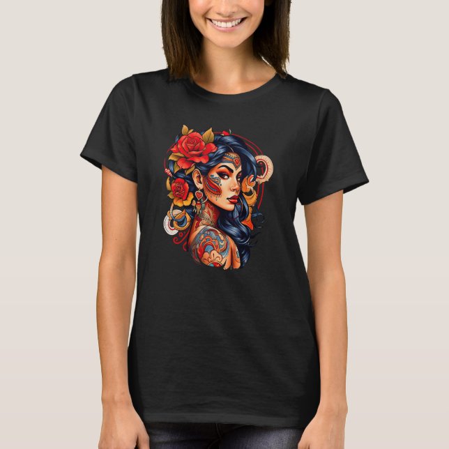 Chicano Girl Mexico Flowers Death Pretty 9 T Shirt (Framsida)