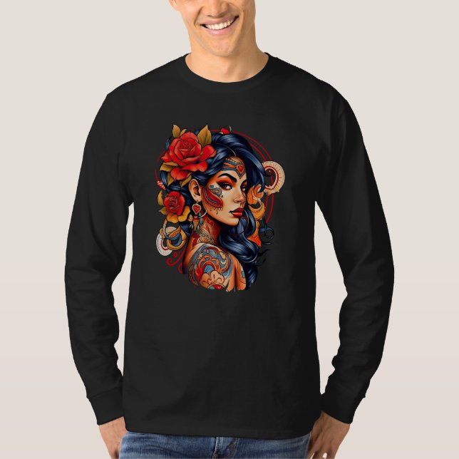 Chicano Girl Mexico Flowers Death Pretty 9 T Shirt (Framsida)