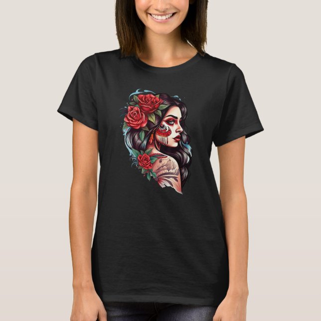 Chicano Girl Mexico Flowers Death Pretty T Shirt (Framsida)
