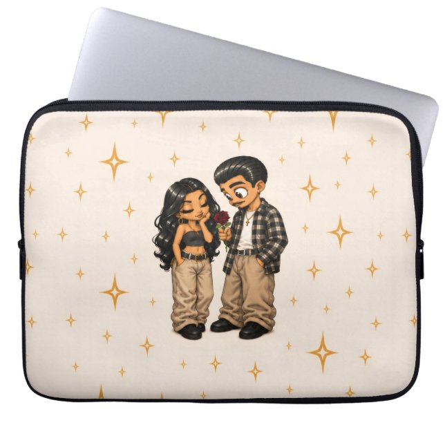 Chicano Kärlekspar Röda Ros & Guldglitter Laptop Fodral (Framsidan)