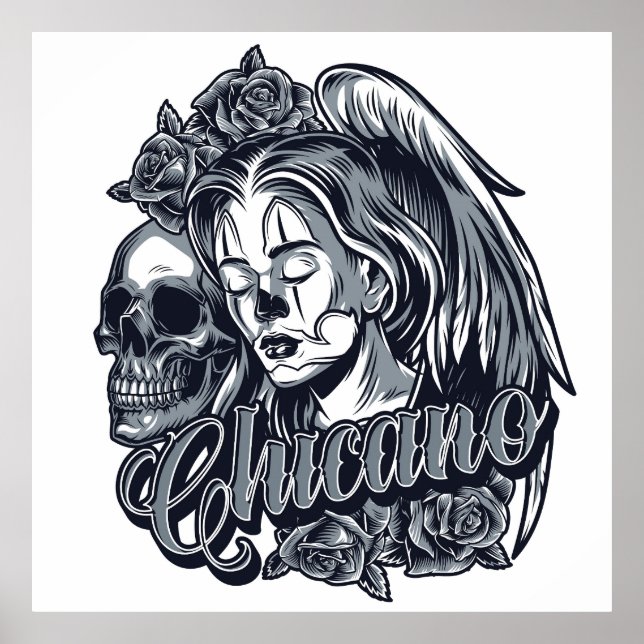 Chicano (Kvinna med Vingar, Ro och Skull) Poster (Framsidan)
