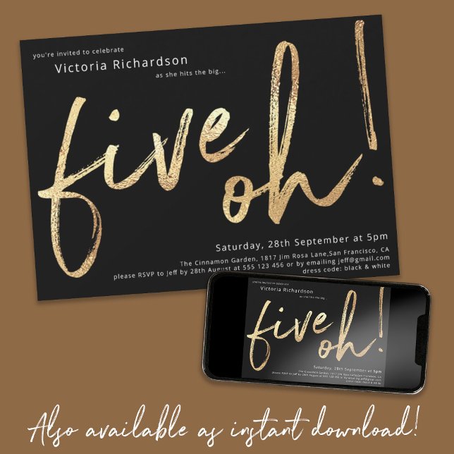 Chicen 50:e födelsedagen Black Gold Foil Snyggt Inbjudningar (Five Oh 50th Birthday Black Gold Foil Stylish Chic Invitation)