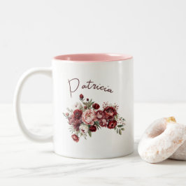 Chicen Anpassat namn Burgundy Flowers Två-Tonad Mugg