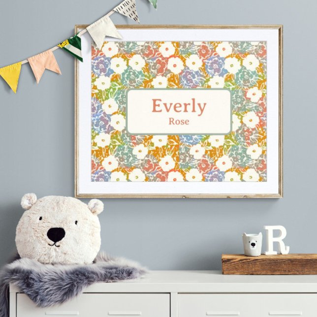 Chicen Anpassat namn för färgstark Blommigt  för s Poster (Customize name! Shown with white mat and wood frame. (you will receive print only) Thank you!)
