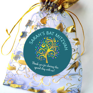 Chicen bat mitzvah Teal Blue Gold Foil Livets träd Runt Klistermärke