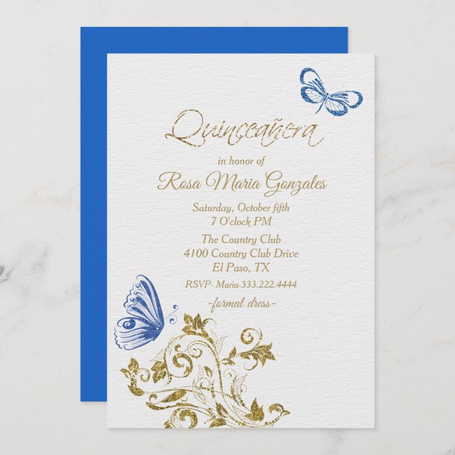 Chicen Blue Butterflies Quinceanera Inbjudningar (Fram/baksida)