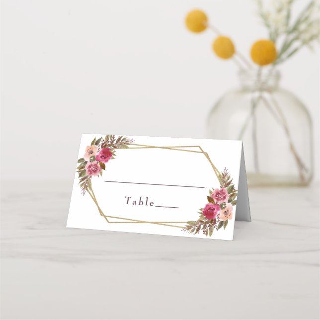 Chicen bröllop vid Eleganten Guld Blommigt Ram Vit Placeringskort (Framsida)