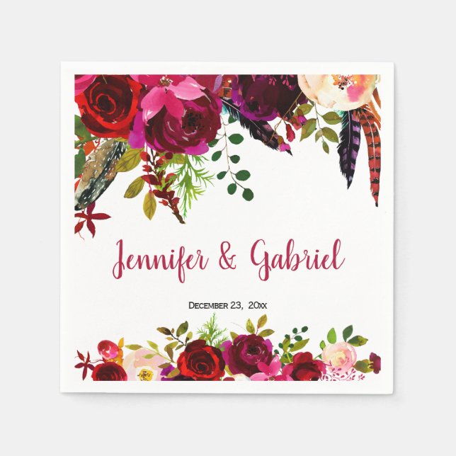 Chicen Burgundy Marsala Blommigt Bröllop Pappersservett (Framsidan)