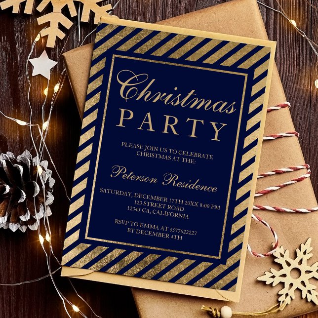 Chicen för marinblått guld rand, julafton inbjudningar (Navy blue gold stripes corporate chic Christmas Invitation)