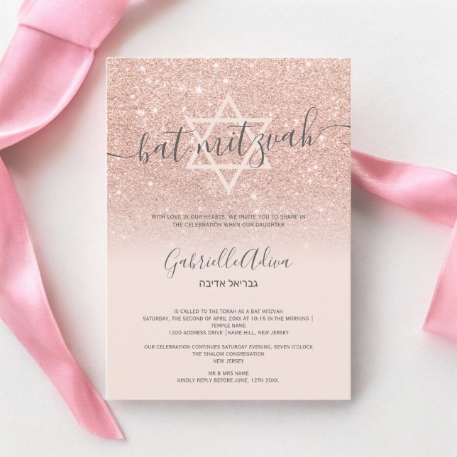 chicen för  rosa i ro glitter bat mitzvah inbjudningar (Rose gold glitter blush pink chic bat mitzvah invitation)