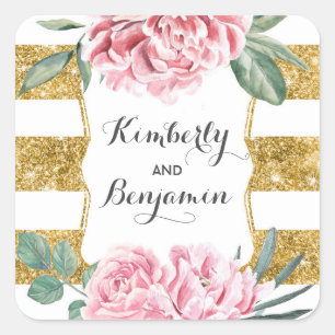 Chicen guld Glitter Rand och Rosa Flowers Vintage Fyrkantigt Klistermärke